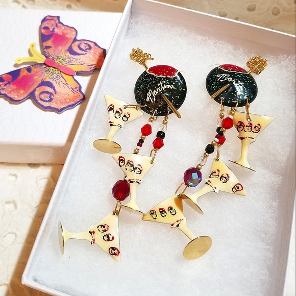 1989 Lunch at the Ritz MINT Martini Long Dangle Earrings - Picture 5 of 6